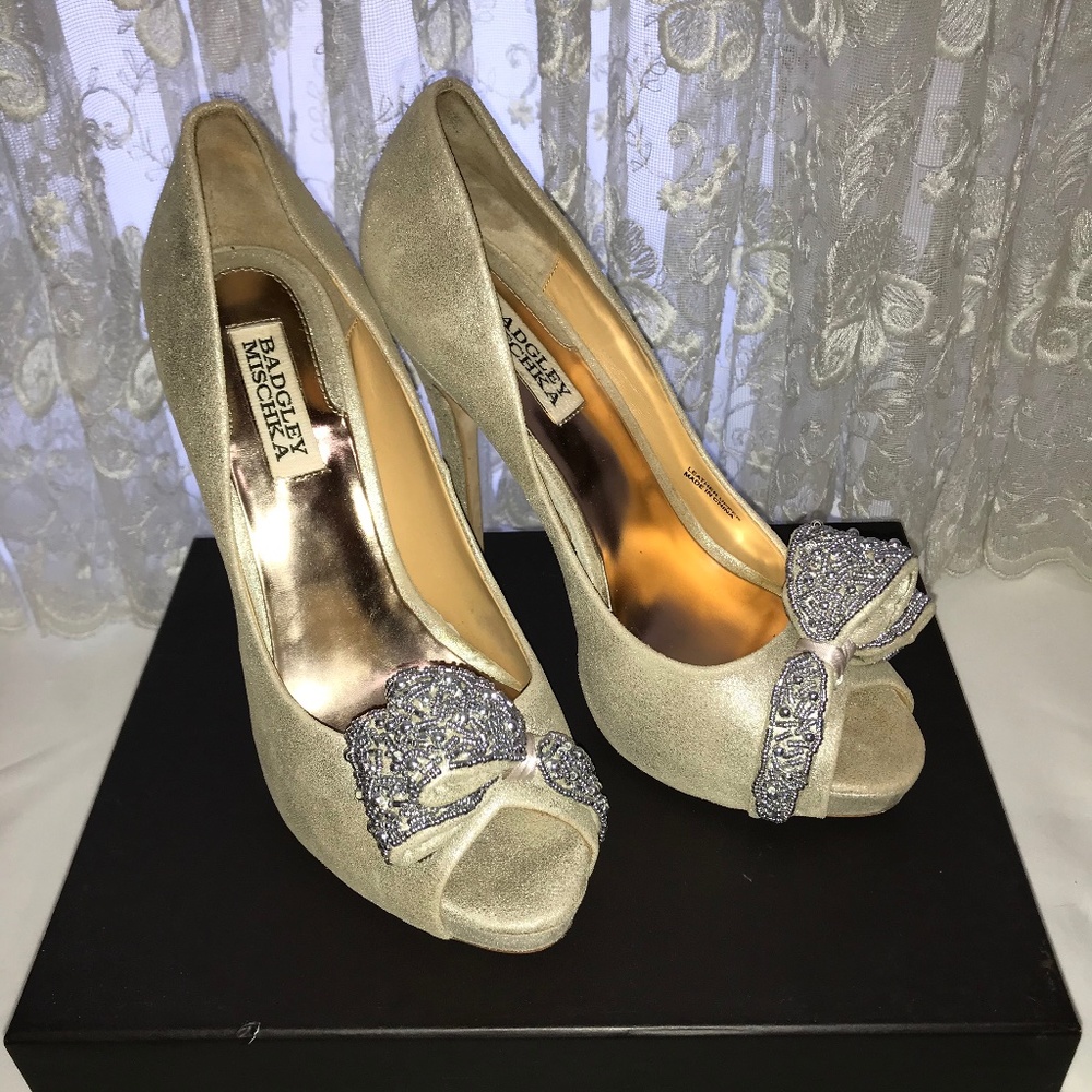 Badgley Mischka Peep Toe Pumps with Beaded Bow